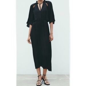 Zara Cutout Satin Effect Pleated Midi Dress Black L